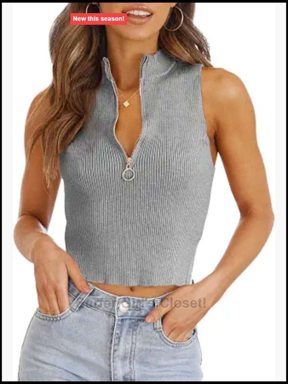 Women's Sleeveless Knit Crop Top Half Zipper Casual Going Out Tank